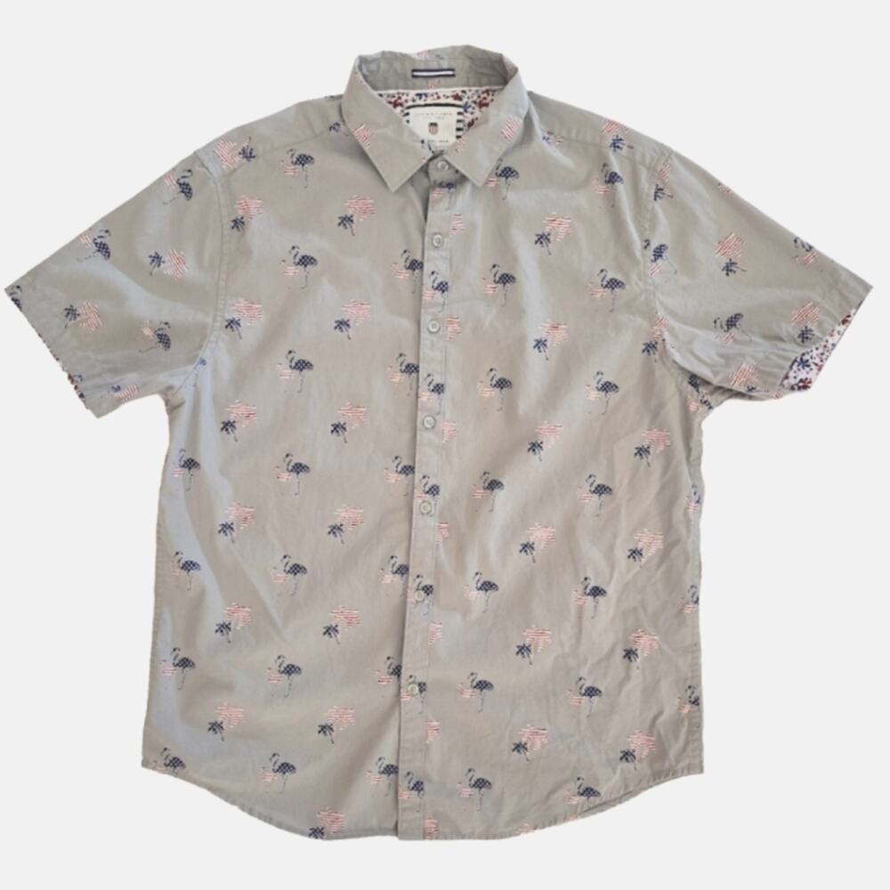 Denim & Flower Flag Flamingo Palm Tree Short Sleeve Button Down Shirt Size Large